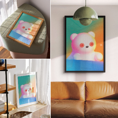 Decoratieve poster Kleurrijke teddybeer op een achtergrond met kleurverloop, moderne stijl
