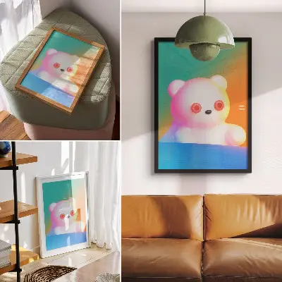Decoratieve poster kleurrijke teddybeer op een kleurverloop-achtergrond in moderne stijl