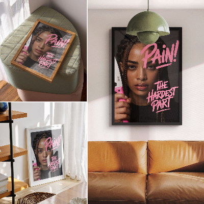 Wandposter Gezicht met roze letters, dynamische sfeer