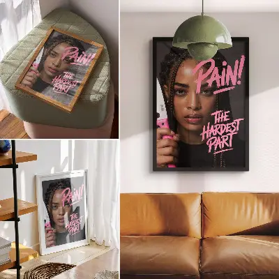 Wandposter gezicht met roze letters in een dynamische sfeer