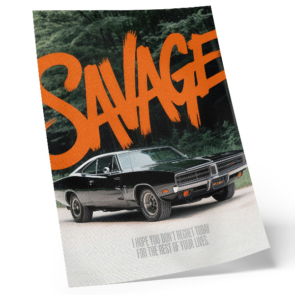 Poster Klassieke auto met oranje letters en een natuurthema.