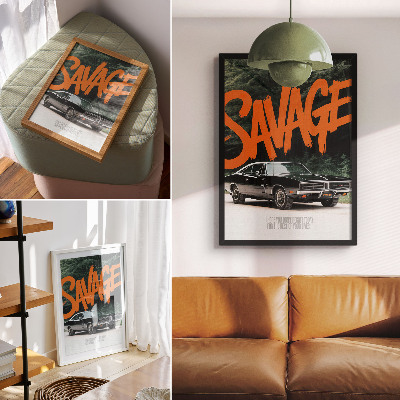 Poster Klassieke auto met oranje letters en een natuurthema.