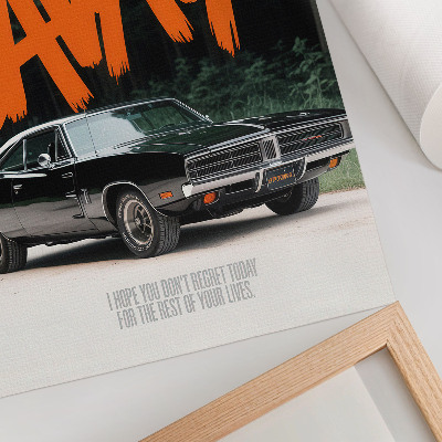 Poster Klassieke auto met oranje letters en een natuurthema.