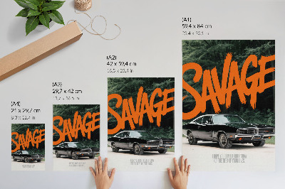 Poster Klassieke auto met oranje letters en een natuurthema.