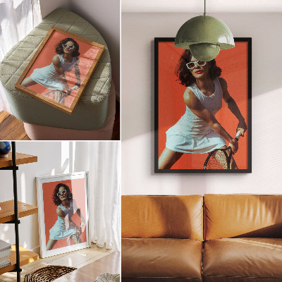 Decoratieve poster Een figuur in beweging tegen een levendige achtergrond.