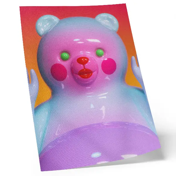 Poster met een kleurrijke teddybeer in een levendige, moderne compositie