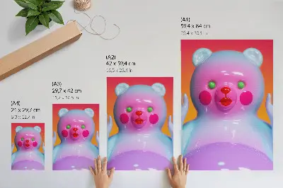 Poster met een kleurrijke teddybeer in een levendige, moderne compositie