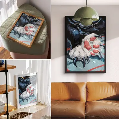 Poster kat met klauwen in levendige kleuren met een intense dynamiek