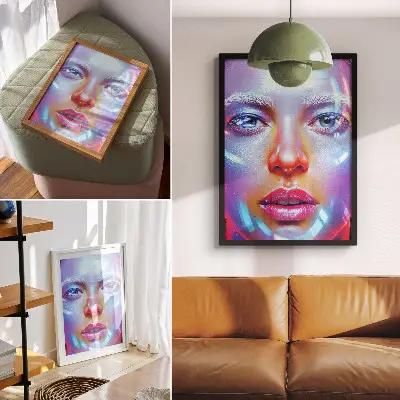 Decoratieve poster een futuristisch portret in energieke kleuren