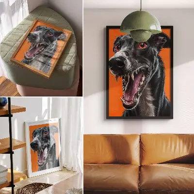Wandposter zwarte vacht met expressieve details op een oranje achtergrond
