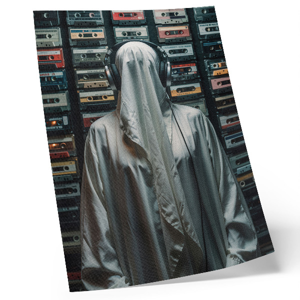 Poster Een figuur in het wit voor een muur vol cassettebandjes.