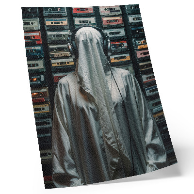 Poster Een figuur in het wit voor een muur vol cassettebandjes.