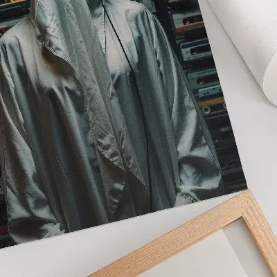 Poster figuur in het wit voor een muur vol cassettebandjes