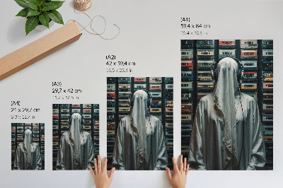 Poster Een figuur in het wit voor een muur vol cassettebandjes.