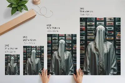 Poster figuur in het wit voor een muur vol cassettebandjes