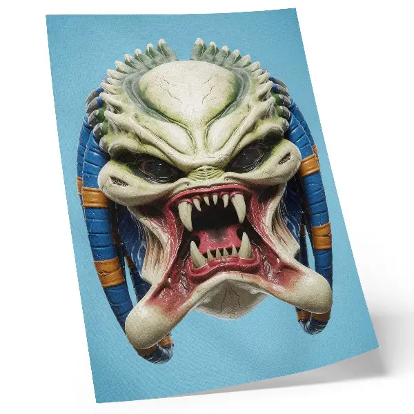 Decoratieve poster met een opvallend monstermasker in groen en blauw