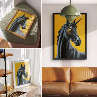 Poster met eenhoorn op een gele achtergrond