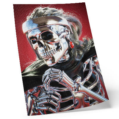 Decoratieve poster Een elektriserend zilveren skelet tegen een rode achtergrond.