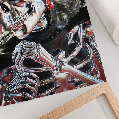 Decoratieve poster met een elektriserend zilveren skelet tegen een rode achtergrond