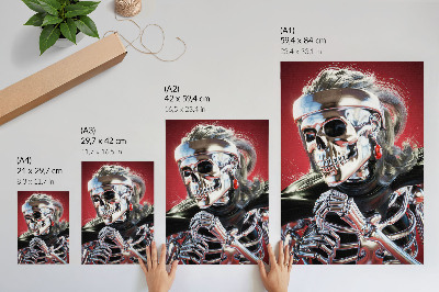 Decoratieve poster Een elektriserend zilveren skelet tegen een rode achtergrond.