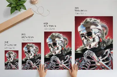 Decoratieve poster met een elektriserend zilveren skelet tegen een rode achtergrond