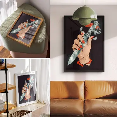 Wandposter hand met een dolk en flitsende details