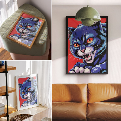 Wandposter Energieke blauwe kat met oranje accenten