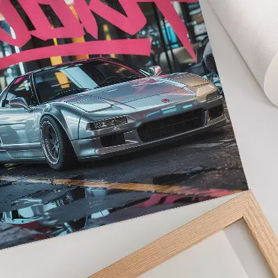 Poster met sportwagen in graffiti stijl en moderne stadsatmosfeer
