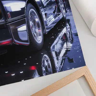 Wandposter de koplampen van een sportwagen die 's nachts in de stad oplichten