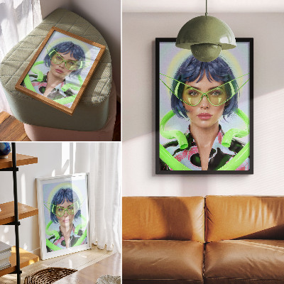 Decoratieve poster Een futuristisch portret van een vrouw met de energie van kleur.