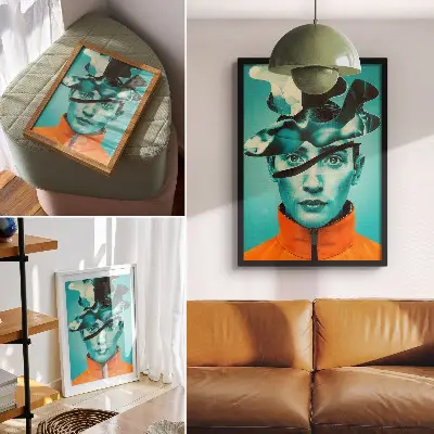 Decoratieve poster met contrasterende kleuren, surrealisme en dynamische vormen