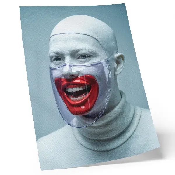 Wandposter modern gezicht in een masker met rood geglazuurd effect