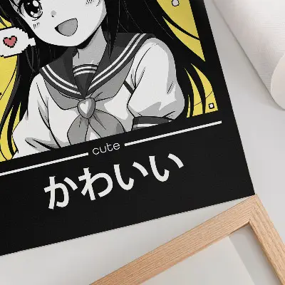 Wandposter manga-stijl met zwarte lijnen en gele accenten