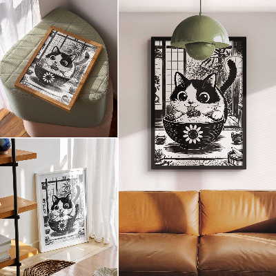 Poster Kat in een kom rijst, stripstijl, oosterse stijl
