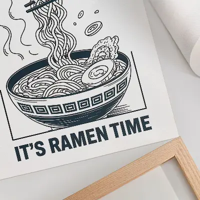 Decoratieve poster met een illustratie van eetstokjes in een ramenkom in stripboekstijl