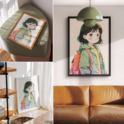Poster Geïllustreerd portret van een meisje in pastelkleuren.