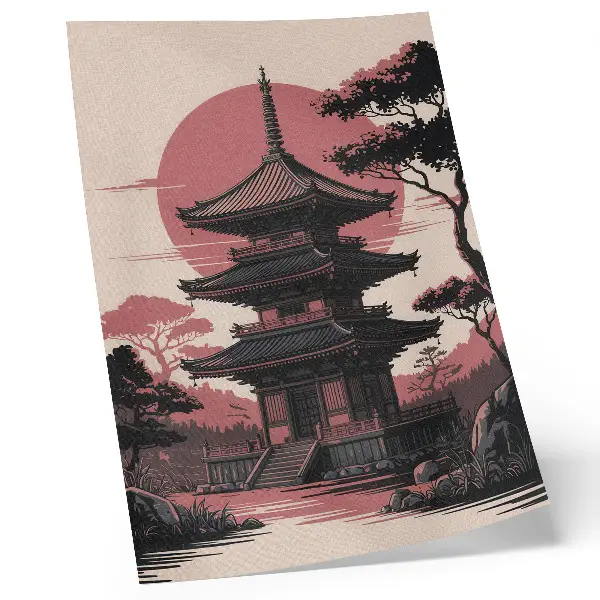 Poster met oosterse pagode in een harmonieuze natuur met bomen