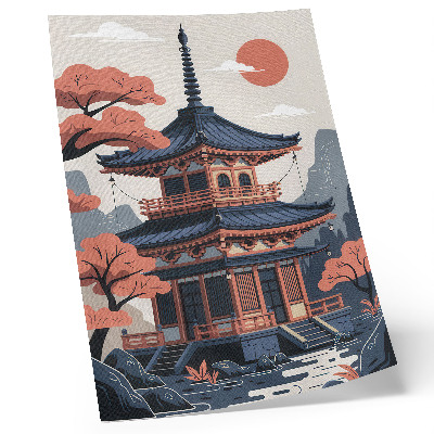 Decoratieve poster Japanse tempel in pastelkleuren, bomen, bergen, rust