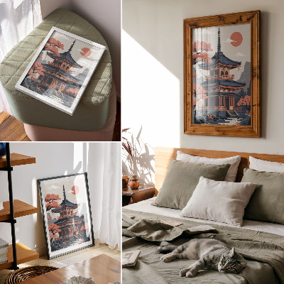 Decoratieve poster Japanse tempel in pastelkleuren, bomen, bergen, rust