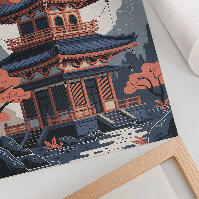 Decoratieve poster Japanse tempel in pastelkleuren, bomen, bergen, rust
