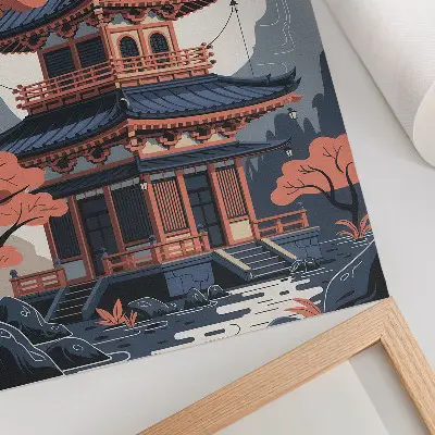 Decoratieve poster japanse tempel met bomen en bergen in pastelkleuren