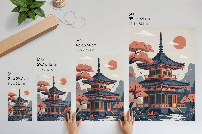 Decoratieve poster Japanse tempel in pastelkleuren, bomen, bergen, rust