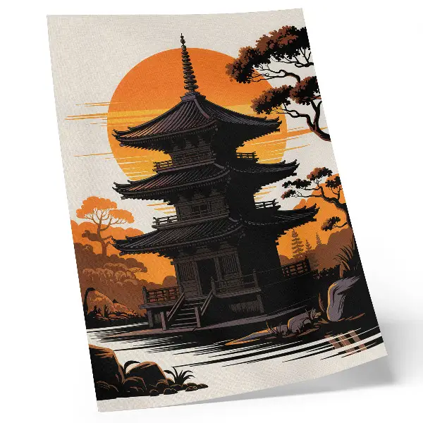 Wandposter oosterse gebouwen met zon, bomen en water