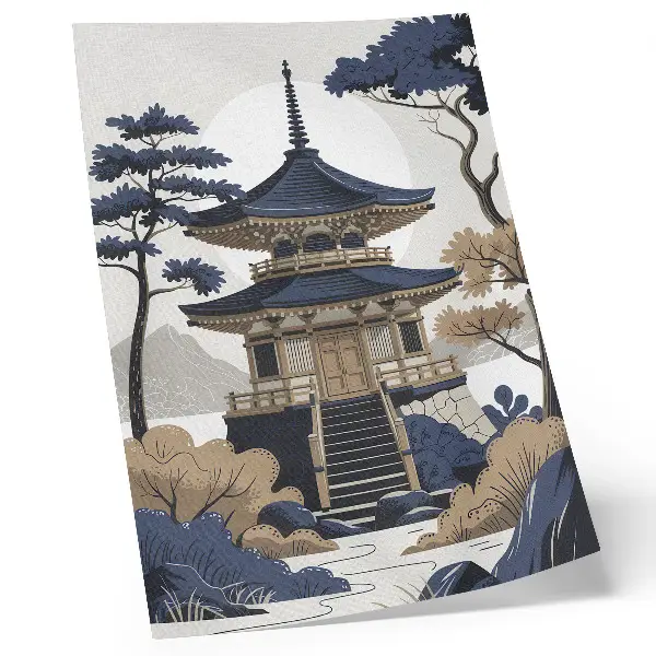 Decoratieve poster met een pagode, boom en berg voor vrede en harmonie