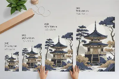 Decoratieve poster met een pagode, boom en berg voor vrede en harmonie
