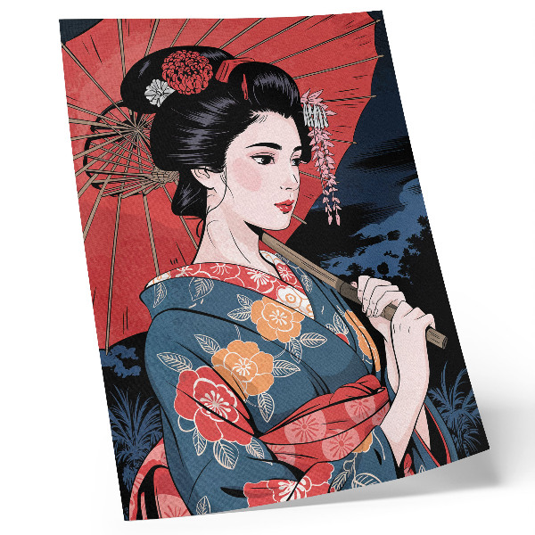 Wandposter Japanse stijl damesparaplu kleurrijke nacht