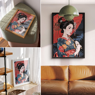Wandposter Japanse stijl damesparaplu kleurrijke nacht