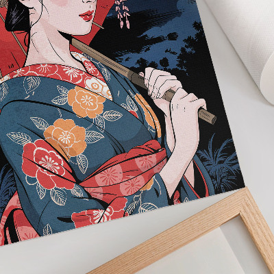 Wandposter Japanse stijl damesparaplu kleurrijke nacht