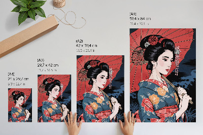 Wandposter Japanse stijl damesparaplu kleurrijke nacht