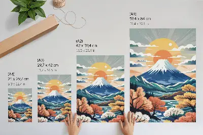 Poster met besneeuwde bergen, kleurrijk bos en zonsondergang